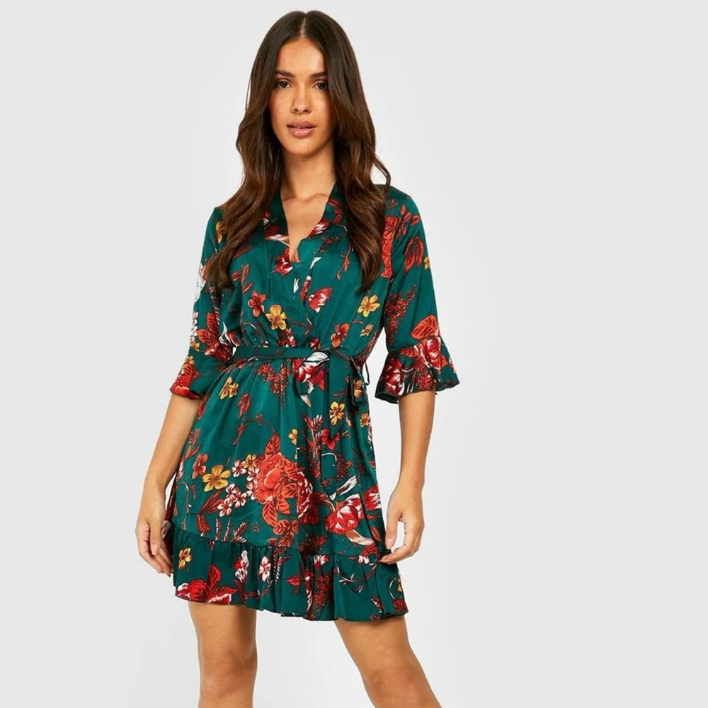 Boohoo Teal Floral Long Sleeve Wrap Dress 🌼